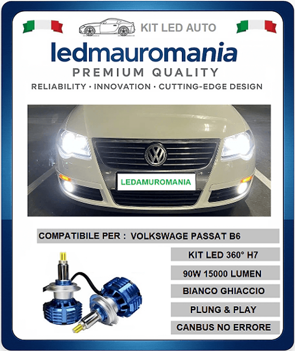 KIT LED H7 PER VOLKSWAGEN PASSAT B6 NO ERROR CANBUS 6000K 90W 15000LUMEN BIANCO FREDDO in Lampadine per esterno Solgeny - Besate, commercioVirtuoso.it