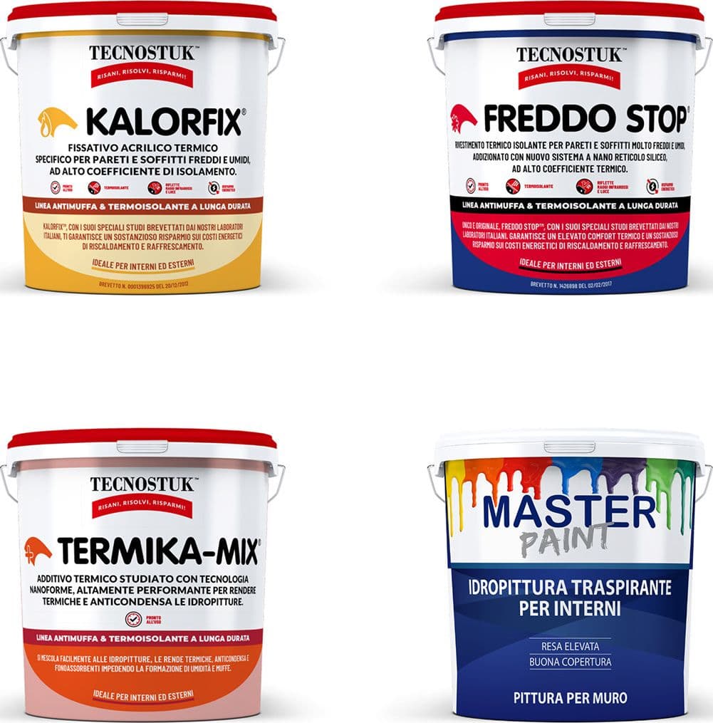 Kit-Pareti-Umide-e-Fredde-(senza-muffa)-per-4/5-mq:-Kalorfix-lt.1-+-FreddoStop-lt.1-+-TermicaMix-lt.1-+-MasterPaint-lt.1