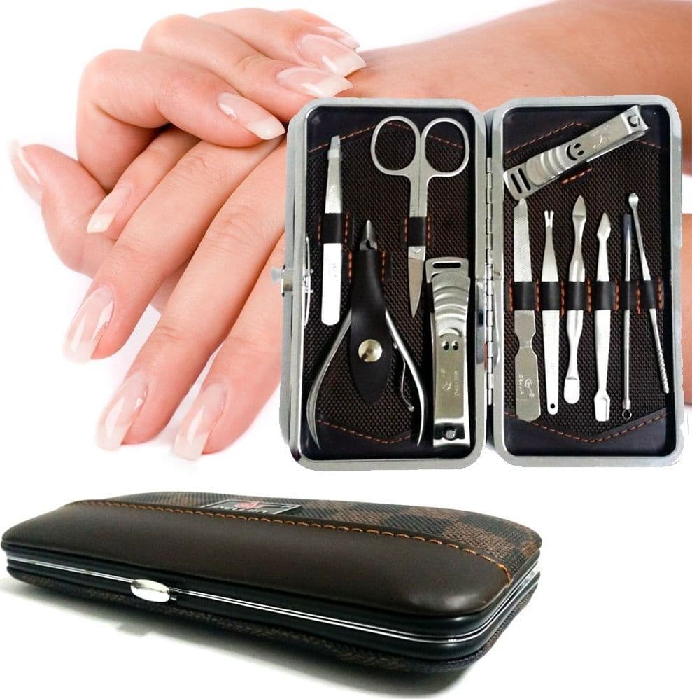KIT PROFESSIONALE MANICURE PEDICURE SOPRACCIGLIA 11 PEZZI IN CUSTODIA ECOPELLE