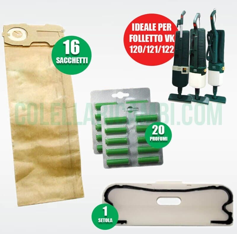 Kit Ricambi Folletto Compatibili VK120 VK121 VK122 16 Sacchetti 20 Profumi 1 Setola in Sacchetti per aspirapolvere verticale Colella Ricambi - Casoria, commercioVirtuoso.it