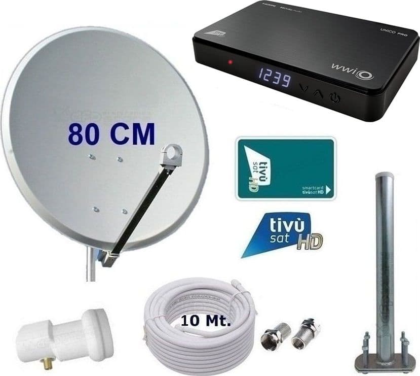 Kit-satellitare-da-80-CM-per-ricezione-canali-Tivùsat-con-decoder-WWIO-UNICO-ed-LNB-Single-con-Sat-Finder-e-Bussola-integrati