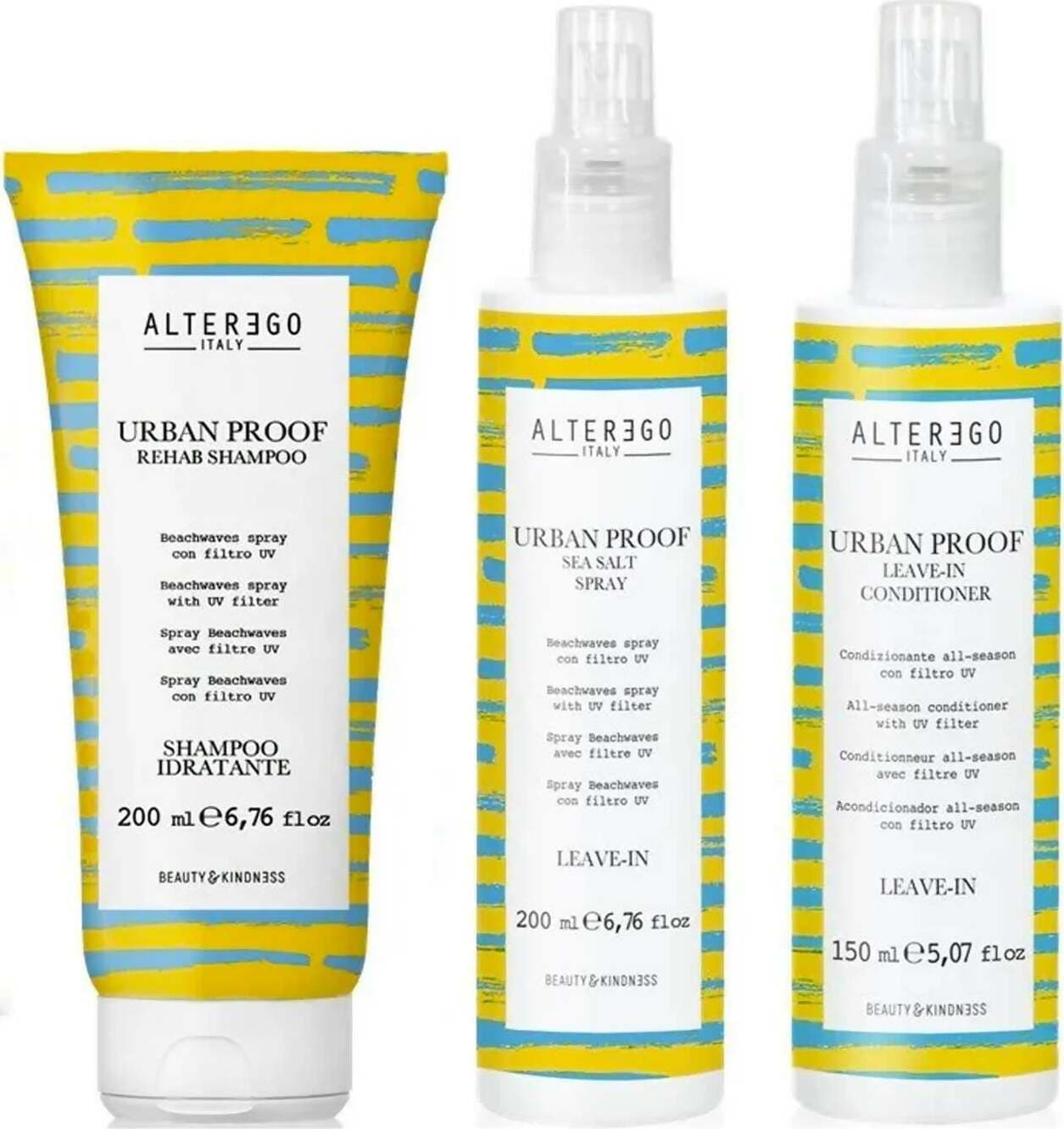 Kit Solari Alterego Urban Proof Composto Da : Urban Proof Rehab Shampoo 250 Ml, Leave-in Conditioner 150 Ml, Sea Salt Spray 200 Ml.
