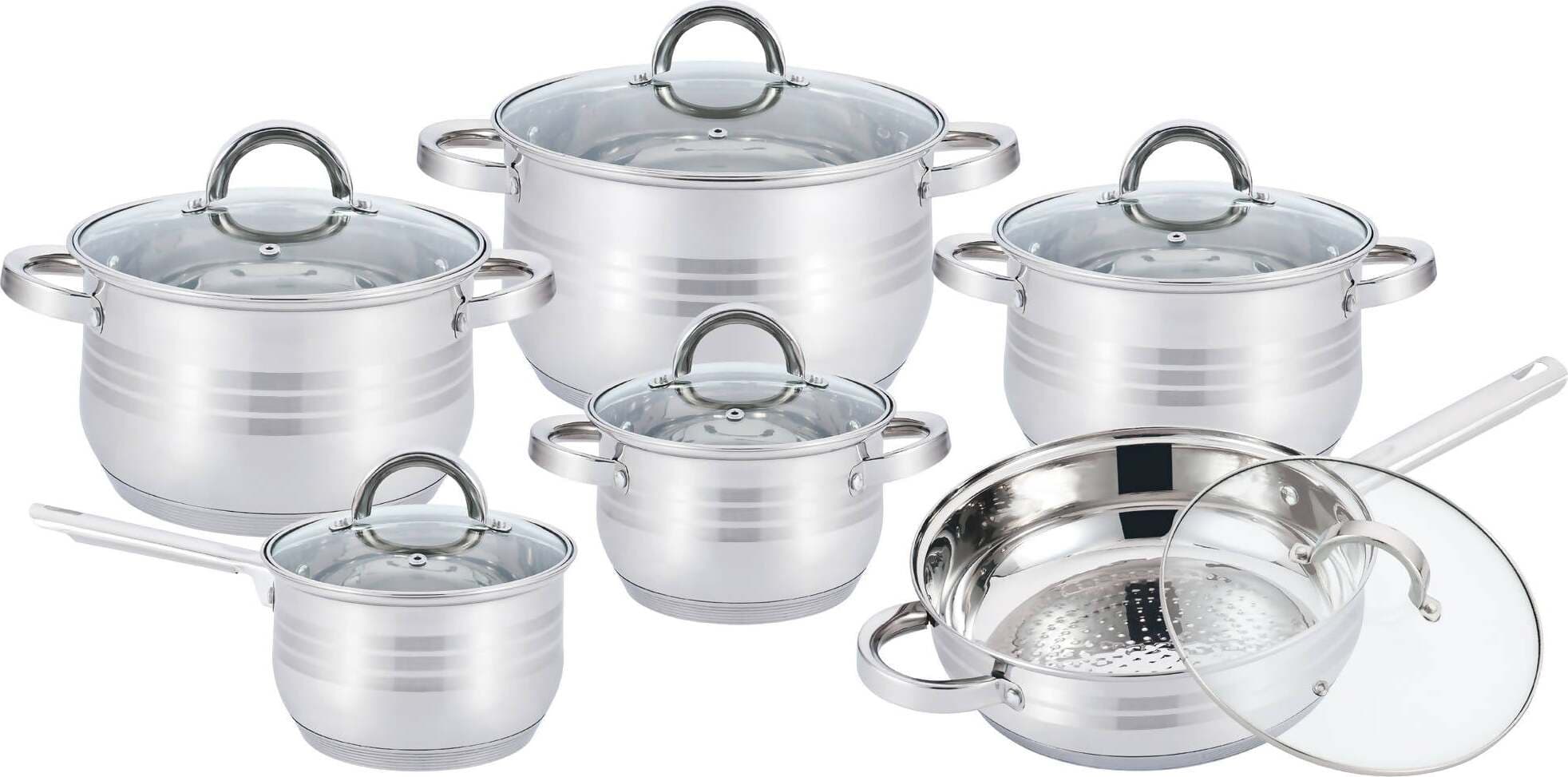 Kitchen Pro Plus Kp-1251: Set Pentole 12 Pezzi Inox Coperchio In Vetro Trasparente Art. 524 Kitchen Pro+