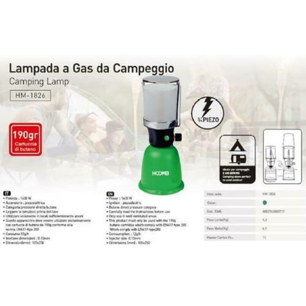 Lampada-A-Gas-Da-Campeggio-190-Gr-1600w-Accensione-Piezoelettrica-Con-Paralume