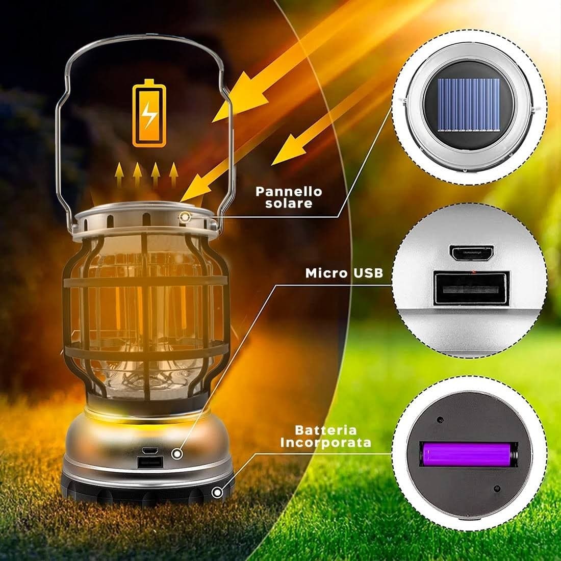 Lampada Da Campeggio A Led Solare Lanterna A Fiamma Portatile Ricaricabile Usb Sport e tempo libero/Attività ricreative all'aperto/Camping e outdoor/Illuminazione/Lanterne/Lanterne elettriche Trade Shop italia - Napoli, Commerciovirtuoso.it