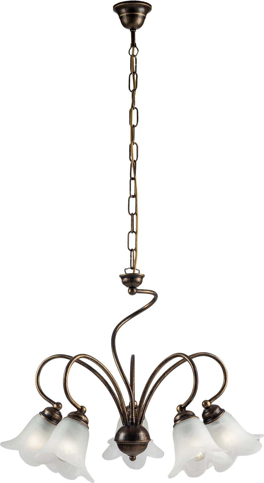Lampadario-5-Luci-Alice-Ferro-Battuto-Marrone-E-Oro-Vetro-Bianco
