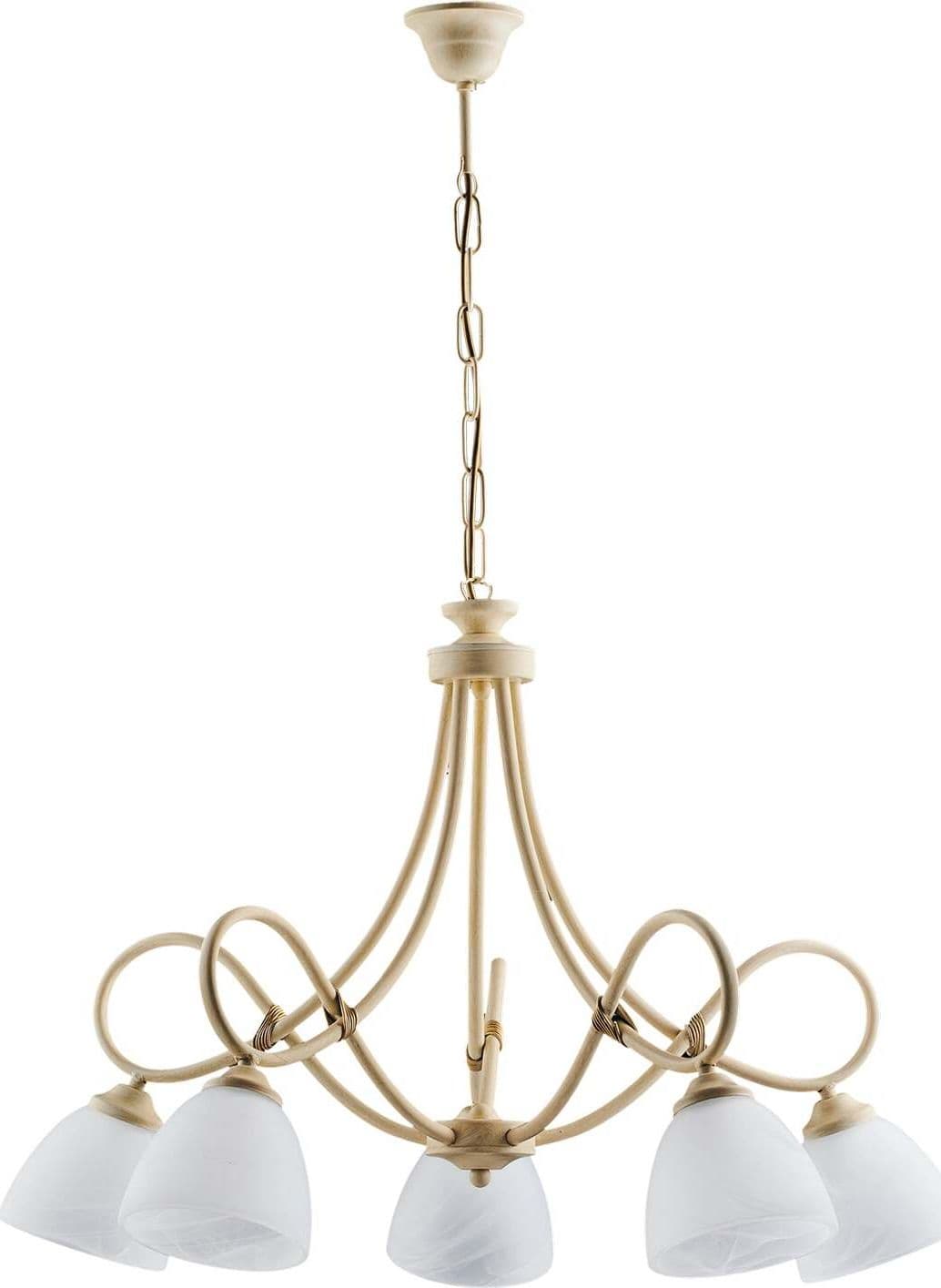 Lampadario-5-Luci-Dallas-Ferro-Battuto-Avorio-Decapè-Vetro-Bianco