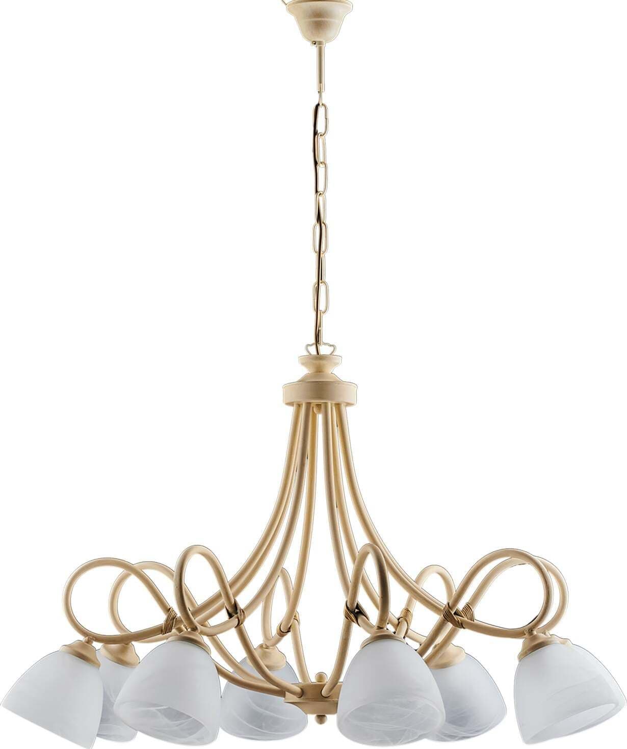 Lampadario-8-Luci-Dallas-Ferro-Battuto-Avorio-Decapè-Vetro-Bianco
