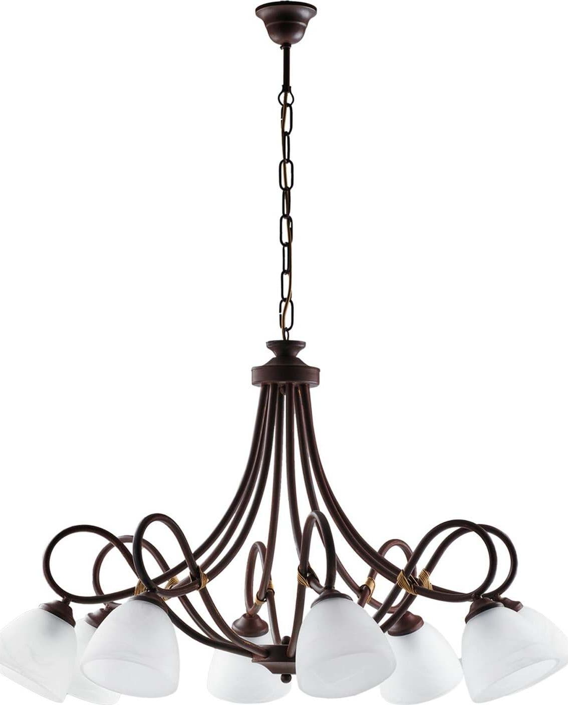 Lampadario-8-Luci-Dallas-Ferro-Battuto-Nero-E-Ruggine-Vetro-Bianco