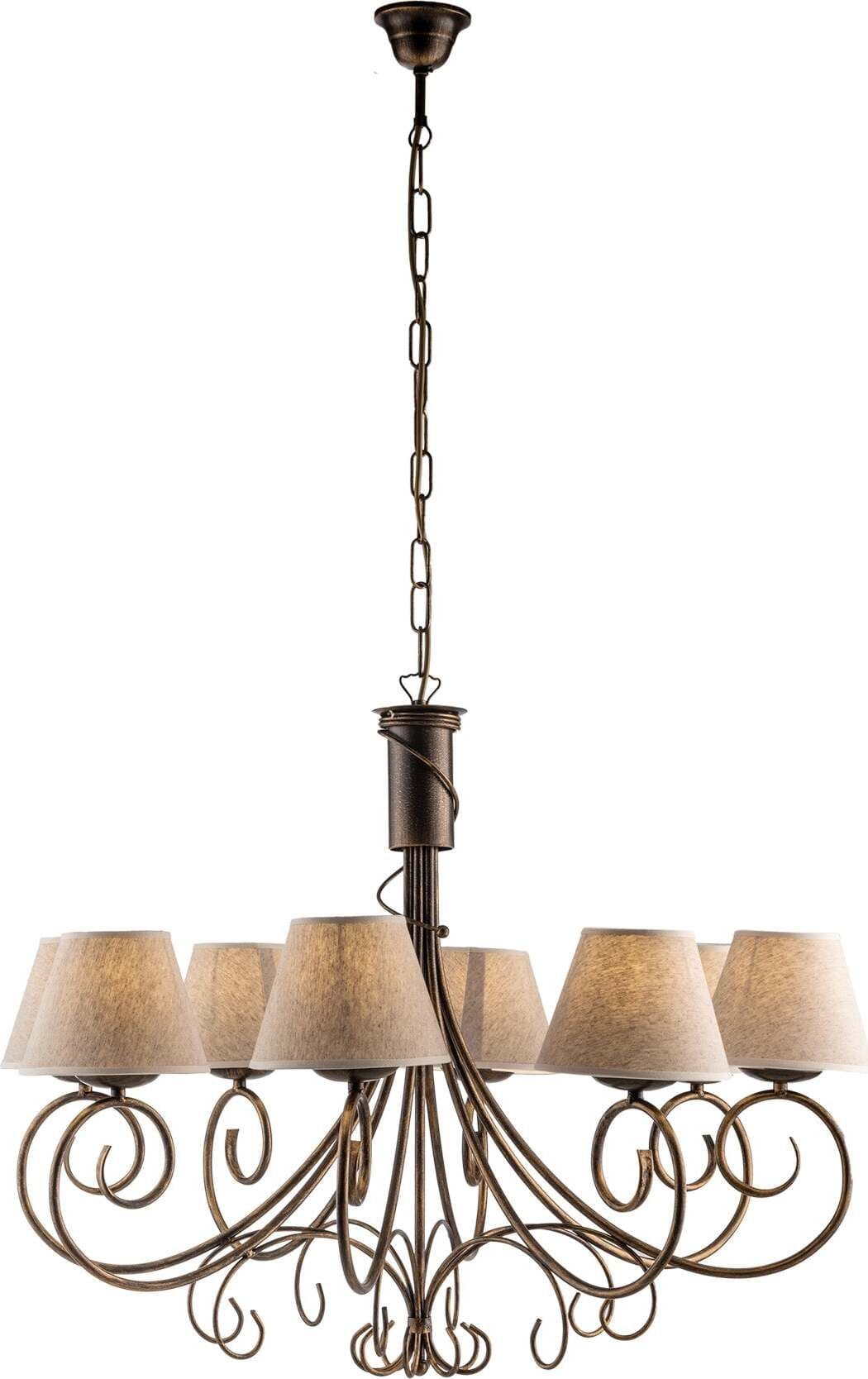 Lampadario-8-Luci-Vienna-Ferro-Marrone-E-Oro-Con-Paralumi-In-Pvc