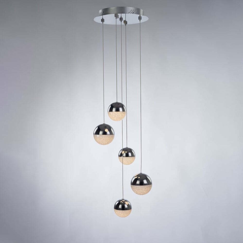 Lampadario-A-Sospensione-Moderno-Atomo-Metallo-5-Sfere-Cromo-Cristallo-Led-24W