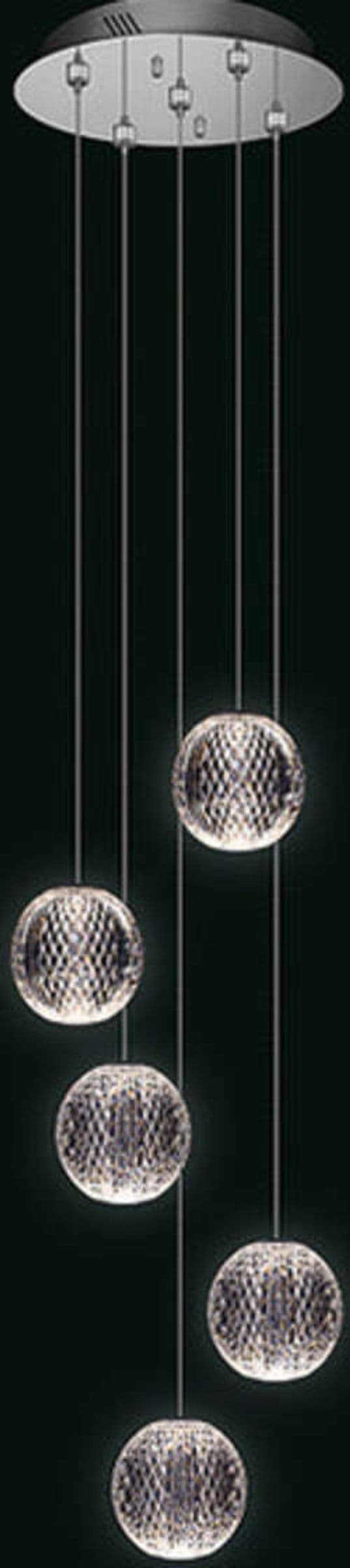 Lampadario-A-Sospensione-Moderno-Diamante-Acrilico-Cromo-5-Luci-A-Sfera-Led-21W