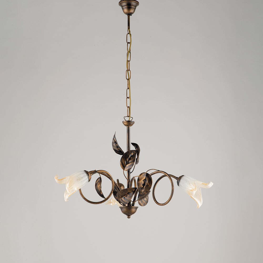 Lampadario-Classico-3-Luci-con-Foglie-Ferro-Battuto-e-Vetro-Bronzo-Serie-Limone