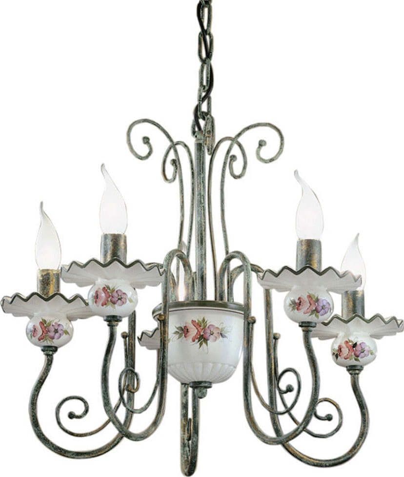 Lampadario-Classico-Sanremo-Metallo-E-Ceramica-Verde-Sfumato-Oro-5-Luci-E14