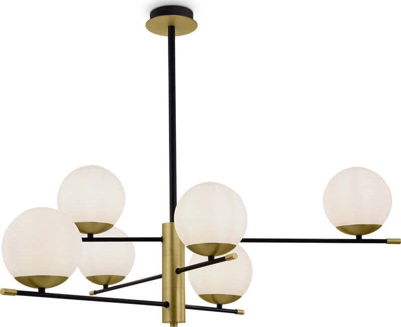 Lampadario-Contemporanea-Nostalgia-Metallo-Oro-Opaco-6-Luci-Diffusori-Bianchi