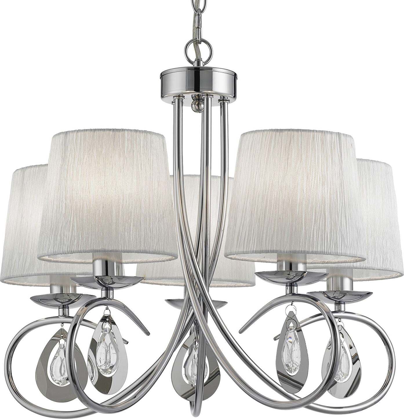 Lampadario-Contemporaneo-Angelica-Acciaio-Cromo-Tessuto-Bianco-5-Luci-E14
