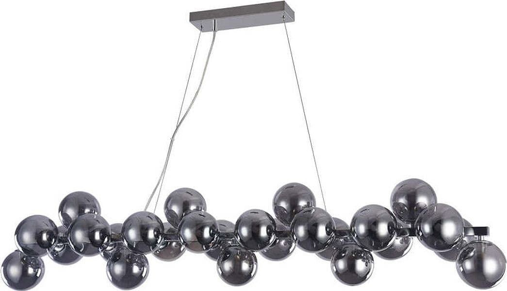 Lampadario-Contemporaneo-Dallas-Metallo-Cromo-25-Luci-Diffusori-Vetro-Fumè