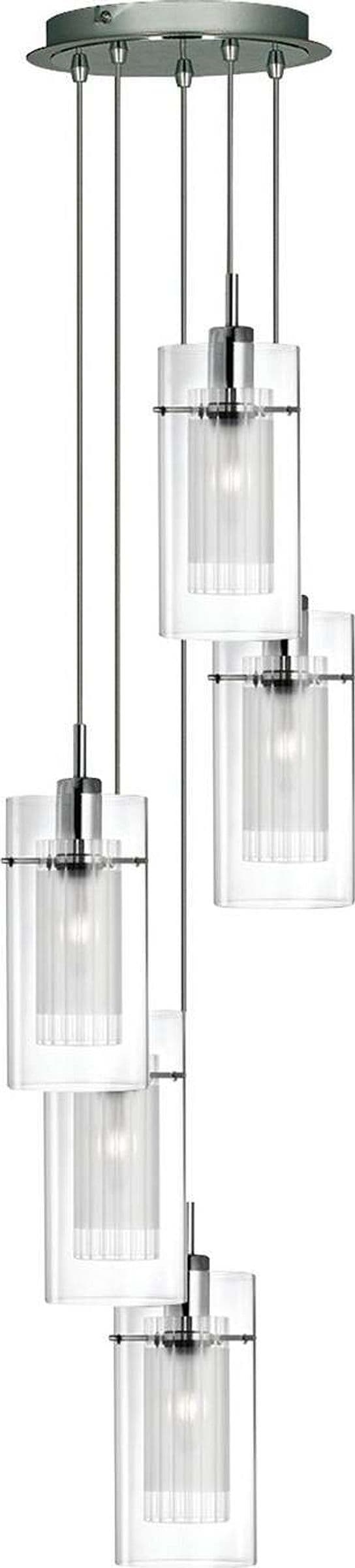 Lampadario-Contemporaneo-Duo-1-Acciaio-Argento-Vetro-Cromo-5-Luci-E14