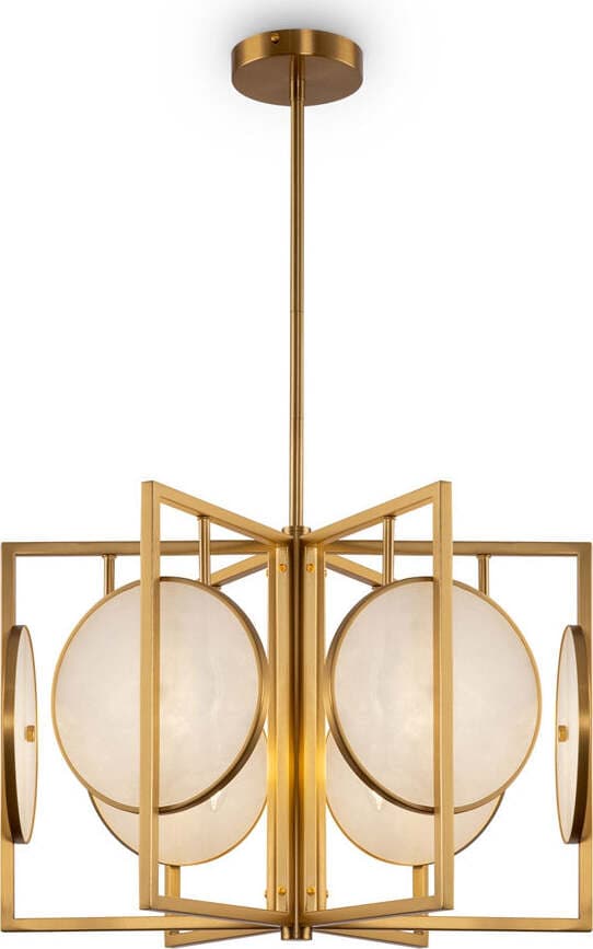 Lampadario-Contemporaneo-Marmo-Metallo-Oro-6-Luci-Diffusori-Bianchi