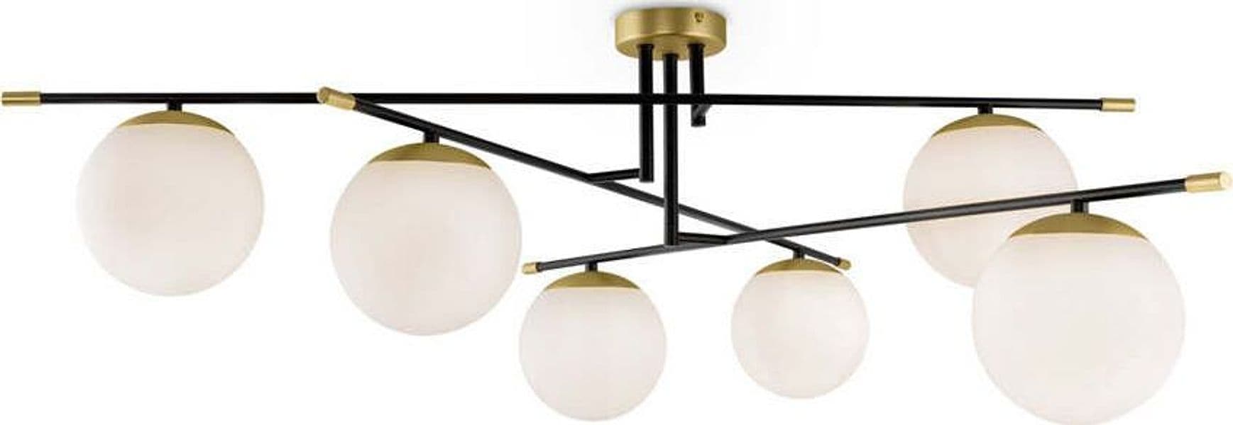 Lampadario-Contemporaneo-Nostalgia-Metallo-Oro-Opaco-6-Luci-Diffusori-Bianchi