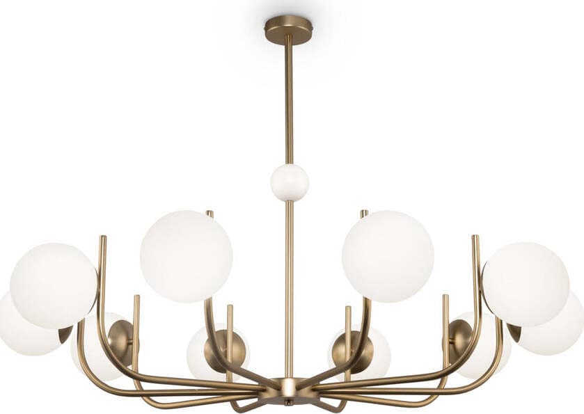 Lampadario-Contemporaneo-Rendez-Vous-Metallo-Ottone-10-Luci-E-Diffusori-Bianchi