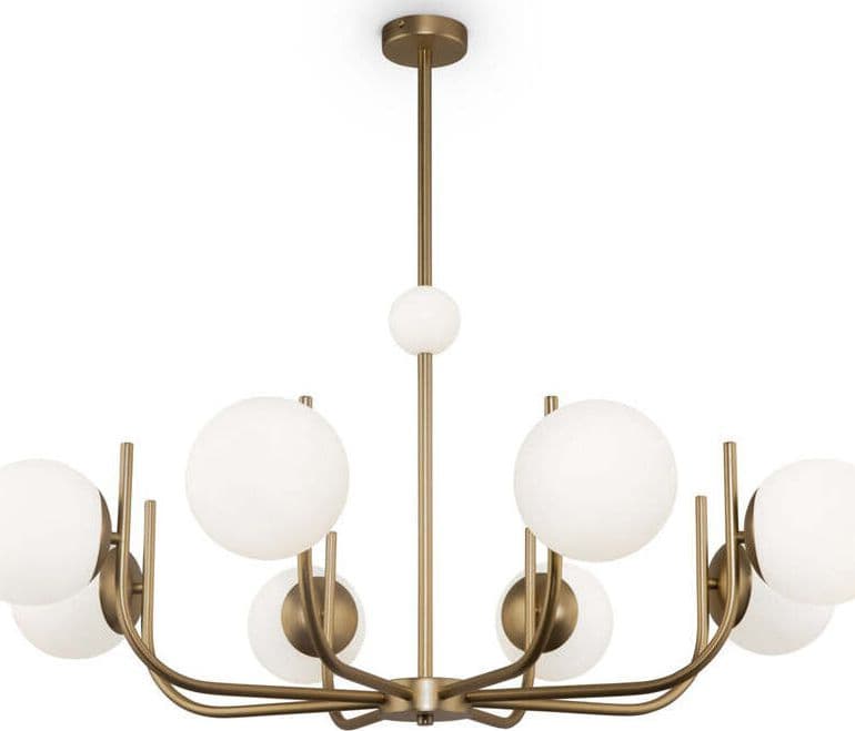 Lampadario-Contemporaneo-Rendez-Vous-Metallo-Ottone-8-Luci-E-Diffusori-Bianchi