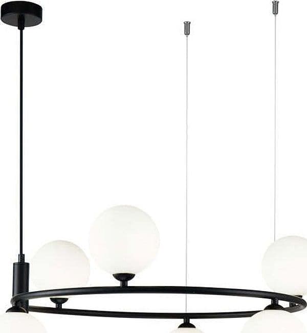 Lampadario Contemporaneo Ring Metallo Nero 6 Luci E Diffusori Bianchi