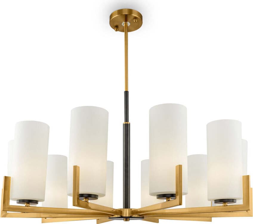 Lampadario-Contermporaneo-Fortano-10-Luci-Metallo-Ottone-Diffusori-Vetro-Bianchi