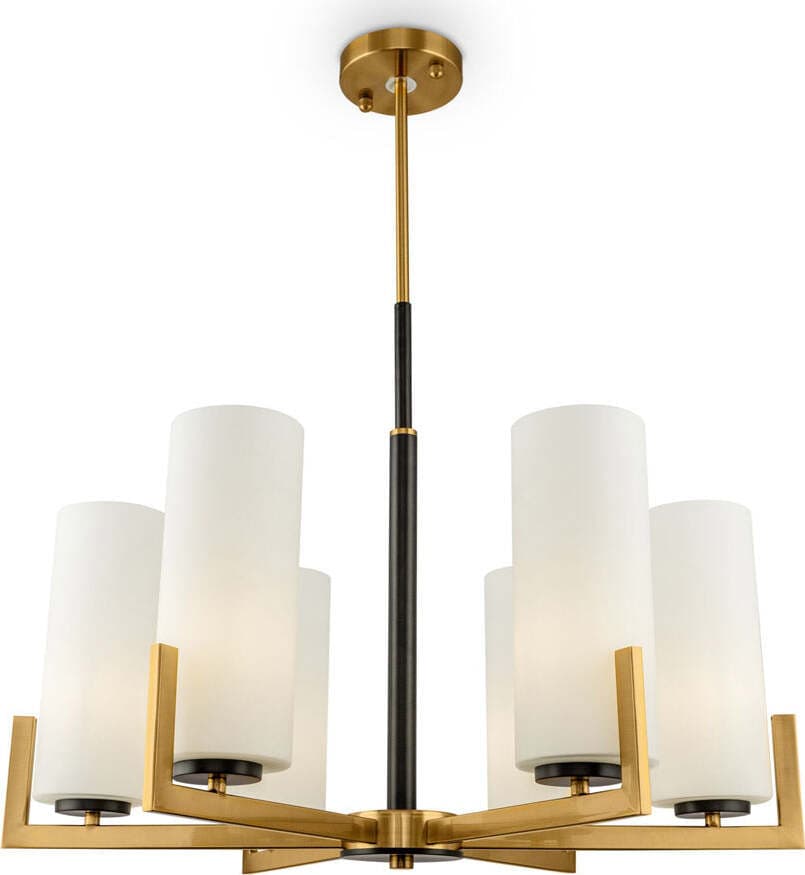 Lampadario-Contermporaneo-Fortano-6-Luci-Metallo-Ottone-Diffusori-Vetro-Bianchi