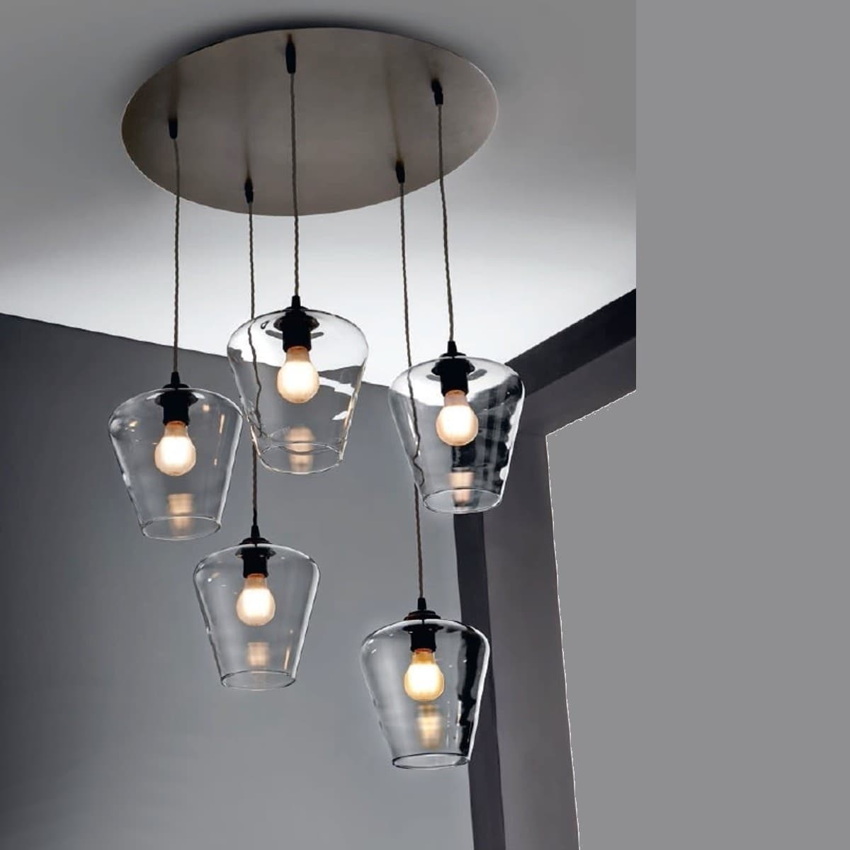Lampadario-Illuminando-PAGODA-5-E27-LED-sospensione-classica-ruggine-vetro-trasparente-interno