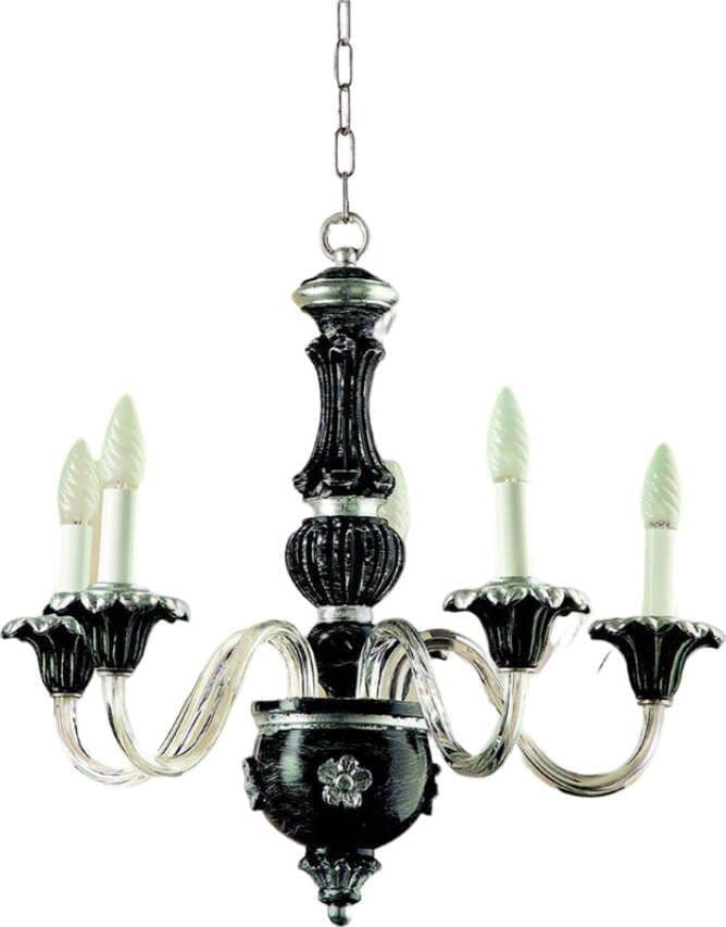 Lampadario-In-Legno-Classico-Nero-Graffiato-Argento-5-Luci-Airone