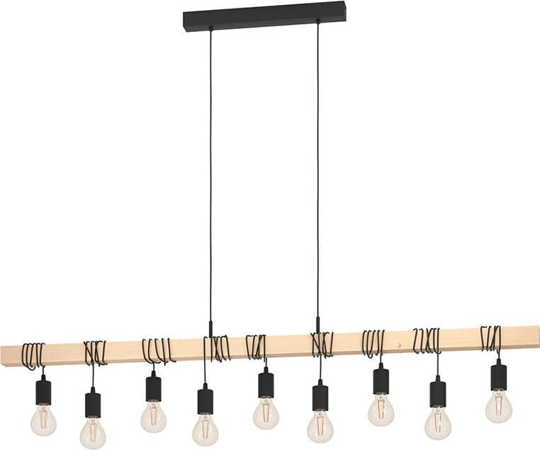 Lampadario-Industrial-Townshend-9-Luci-Legno-Marrone-E-Nero