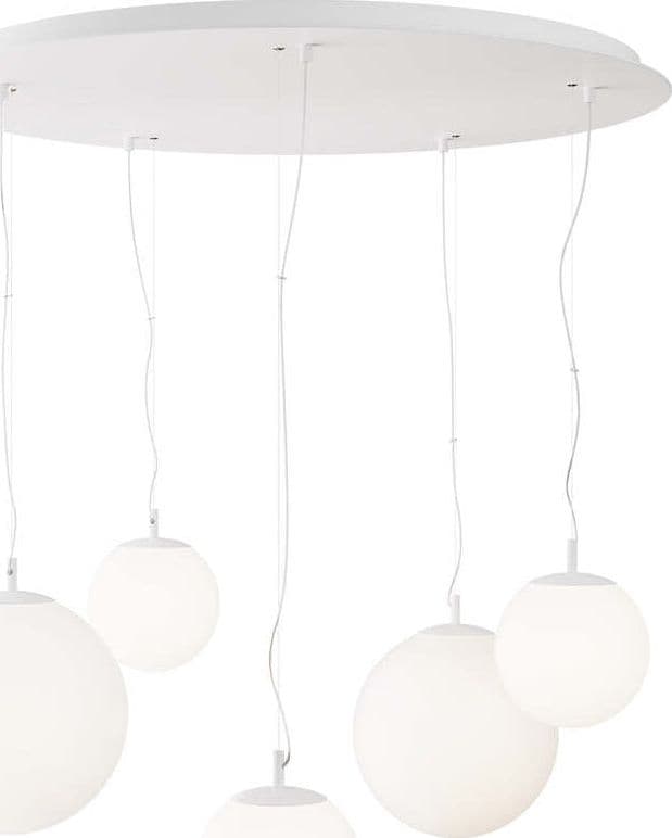 Lampadario-Minimal-Basic-Form-In-Metallo-Bianco-5-Luci-Con-Diffusori-In-Vetro
