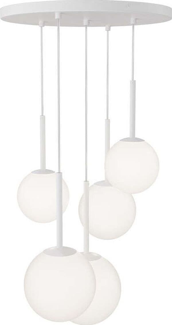 Lampadario-Minimal-Basic-Form-In-Metallo-Bianco-5-Luci-E-Diffusori-Bianchi