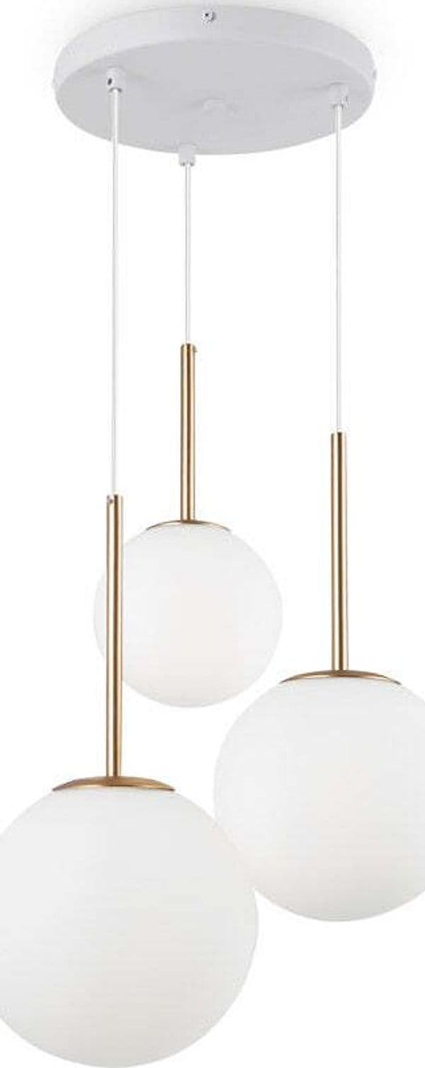 Lampadario-Minimal-Basic-Form-In-Metallo-Bianco-E-Oro-3-Luci-E-Diffusori-Vetro