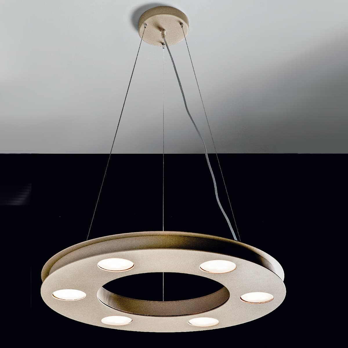 Lampadario-moderno-Illuminando-UFO-SP-6+3-GX53-LED-sospensione-metallo-bianco-sabbia-tondo