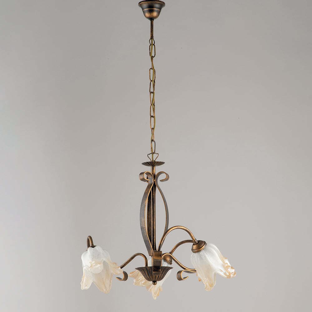 Lampadario-rustico-3-Luci-Ferro-Marrone-e-Oro-e-Vetro-Ambra-Serie-Forgiato