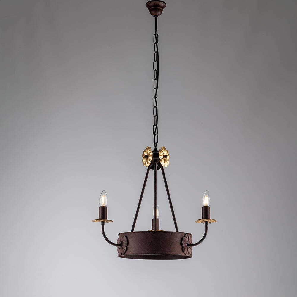 Lampadario-Rustico-3-Luci-Ferro-Nero-e-Ruggine-Decorazioni-Oro-serie-Kansas