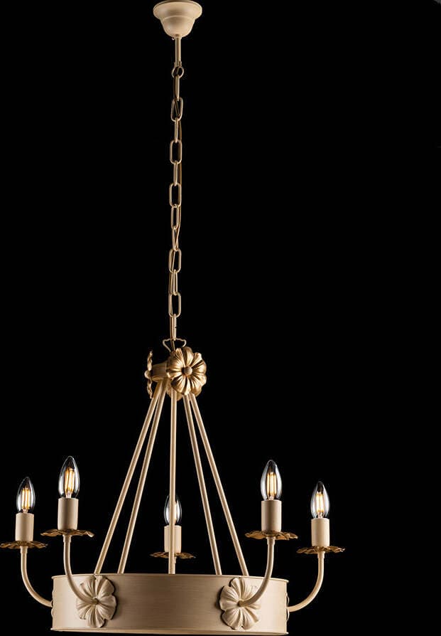 Lampadario-Rustico-5-Luci-Ferro-Avorio-e-Oro-Decorazioni-Oro-serie-Kansas