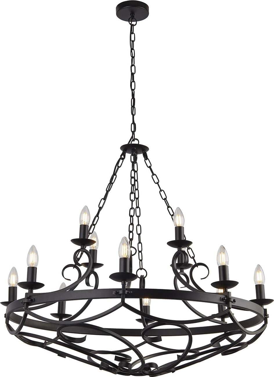 Lampadario-Rustico-Country-Cartwheel-Iii-Acciaio-Nero-12-Luci-E14