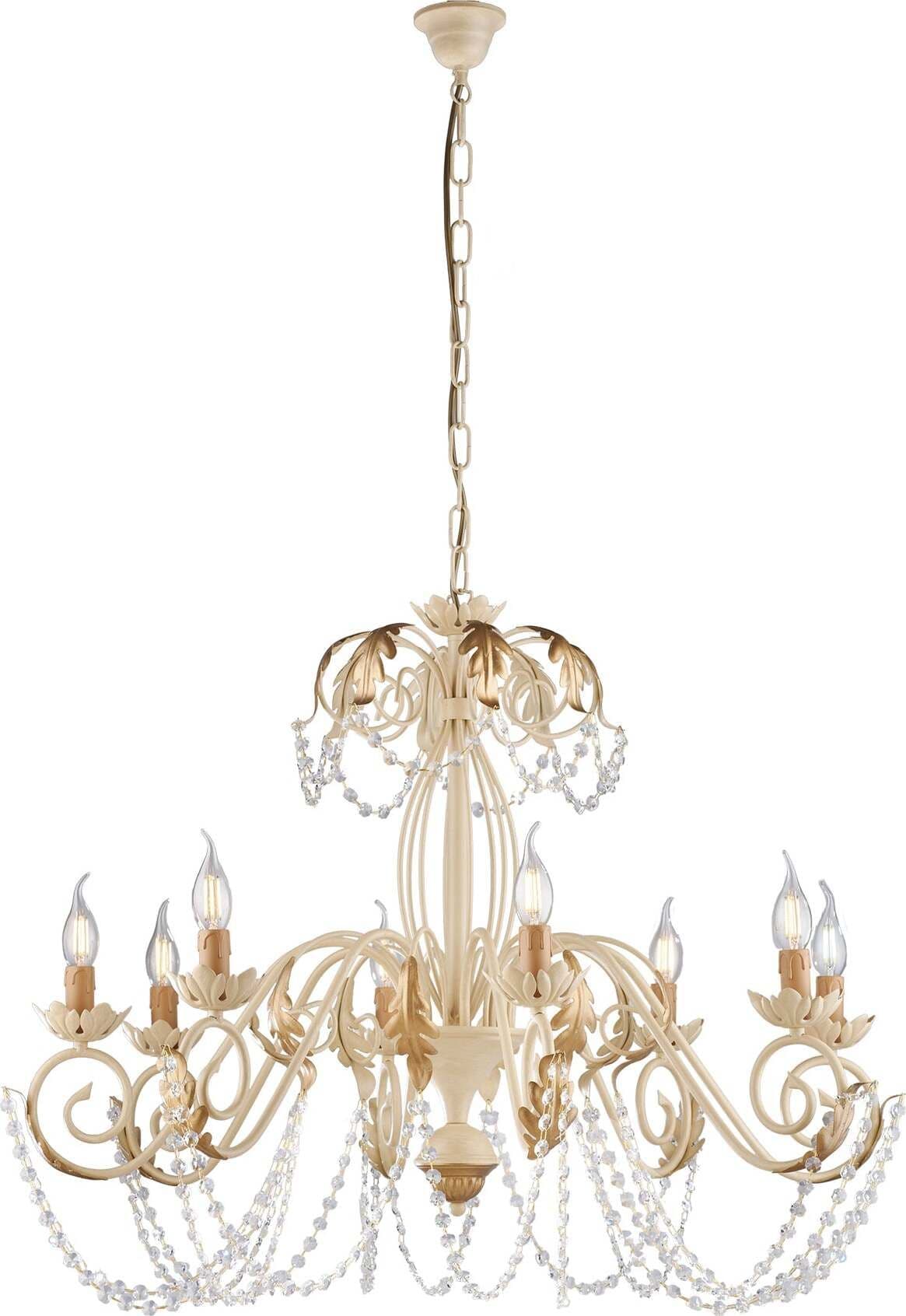 Lampadario-Shabby-Damasco-8-Luci-Ferro-Battuto-Avorio-E-Oro-Con-Cristalli