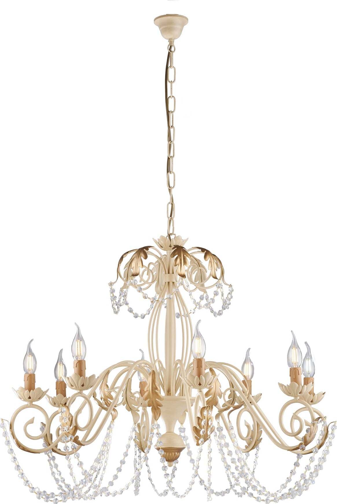 Lampadario-Shabby-Damasco-8-Luci-Ferro-Battuto-Avorio-E-Oro-Con-Cristalli