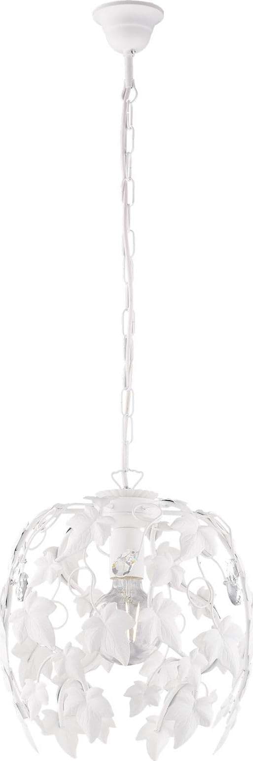 Lampadario-Shabby-Edera-1-Luce-Ferro-Battuto-Bianco-Con-Foglie-E-Cristalli