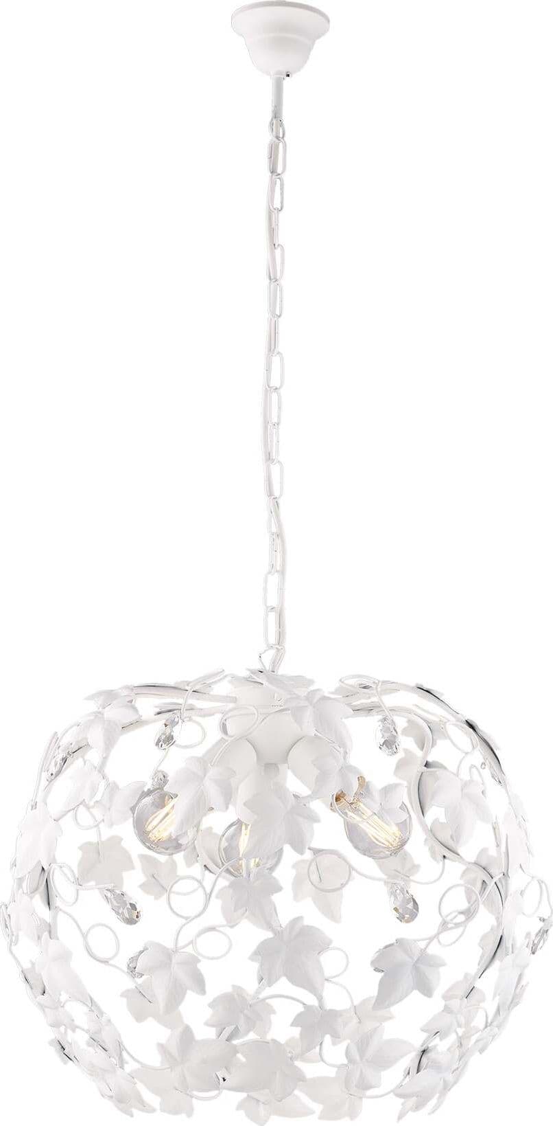 Lampadario-Shabby-Edera-3-Luci-Ferro-Battuto-Bianco-Con-Foglie-E-Cristalli
