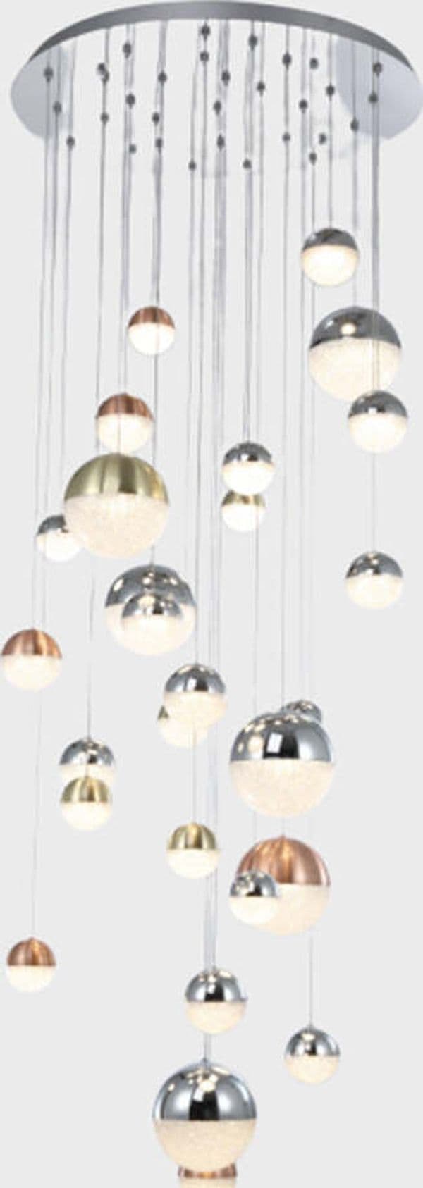 Lampadario-Sospensione-Moderno-Atomo-Metallo-27-Sfere-Cromo-Cristallo-Led-136,8W