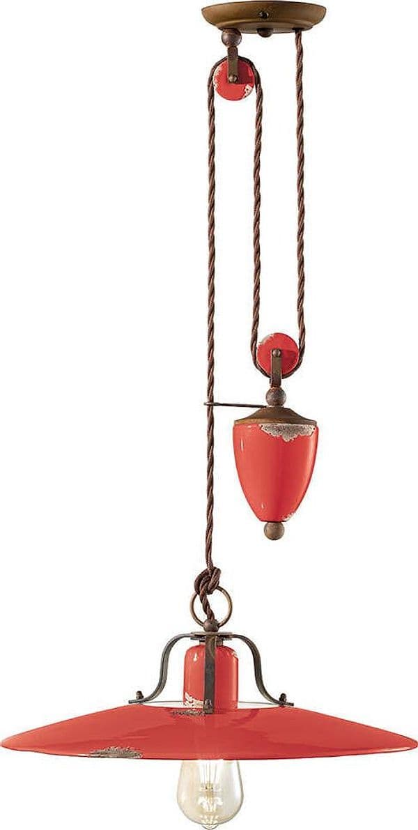 Lampadario-Vintage-Country-Saliscendi-Ferro-E-Ceramica-Rosso-1-Luce-E27