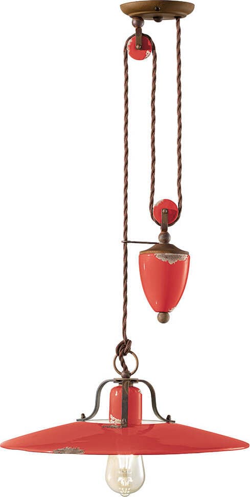 Lampadario-Vintage-Country-Saliscendi-Ferro-E-Ceramica-Rosso-1-Luce-E27