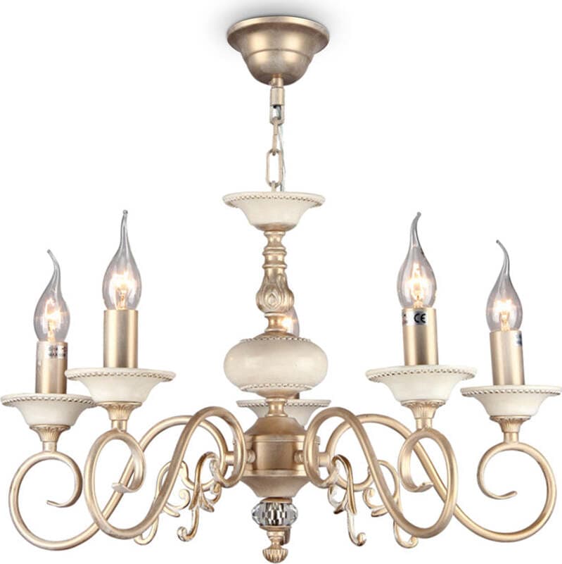 Lampadaro-Shabby-Chic-Perla-Metallo-Crema-E-Oro-5-Luci