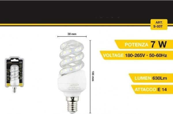 LAMPADINA LED A SPIRALE E14 7 W 40D LUCE BIANCA FREDDA CALDA NATURALE S-03T