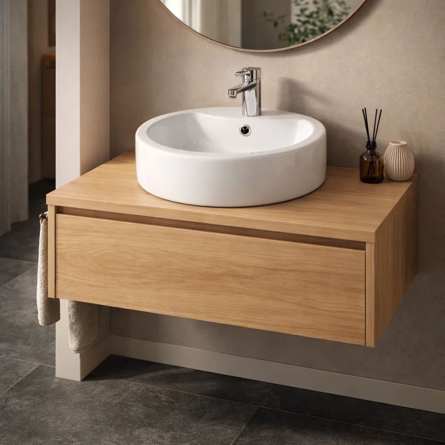 Lavabo-Da-Appoggio-Ceramica-Bianco-Tondo-Lavandino-Arredo-Bagno-49x49x15,5-Cm